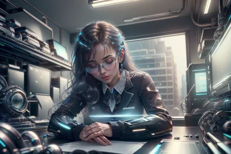 (masterpiece, best quality, realistic, detailed, crisp:1.2),  futuristic indoors, (picrure), (1girl,  office lady, glasses, slee...