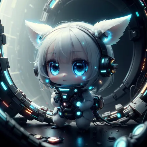 a close up of a cat with headphones on in a space station