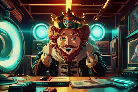 (anime art:1.3), (80s anime style) <lora:ARWBurgerKingMascot:1> The burgerking mascot in a gritty cyberpunk office room, ordering attacks on rivals<lora:OpticalTech-60:0.8> opticaltech, optical fibers, inner glow, neon lighting, (caustics:1.3), (highly detailed, high quality:1.3)