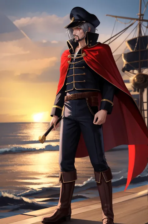 pirate with a red cape and a sword standing on a pier