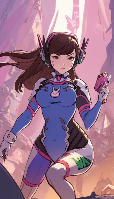 comic Cinematic scene, hero view, D.Va, Overwatch <lora:d.va_xl_v1:1>, action pose, detailed background, masterpiece, best quali...