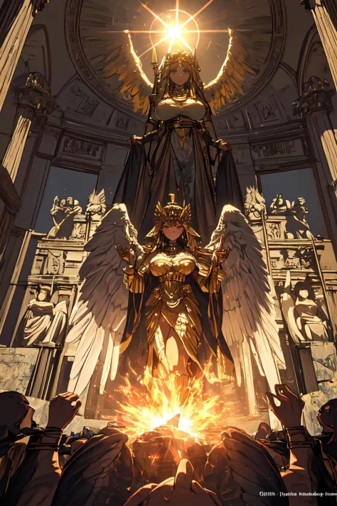 1girl, sun goddess, golden dress, golden armor, fire background, sun background, ancient egypt, elegant, empress, supreme, intri...