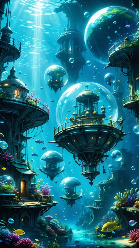 A fantastical underwater metropolis crafted from living, luminescent bubbles, each sphere containing a unique aquatic habitat wi...