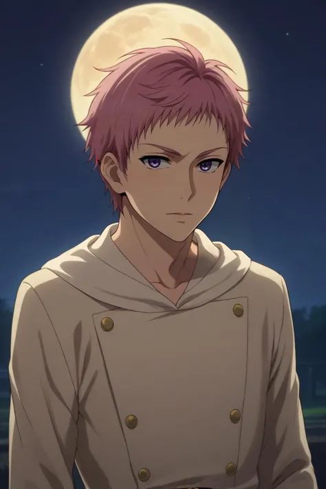 a man with pink hair and a white shirt standing in front of a full moon