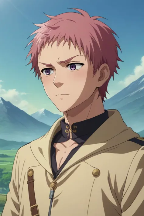 a man with pink hair and a brown jacket standing in front of a mountain