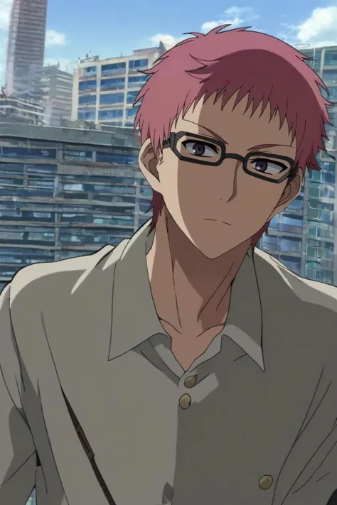 a man with glasses and a pink hair standing in front of a city