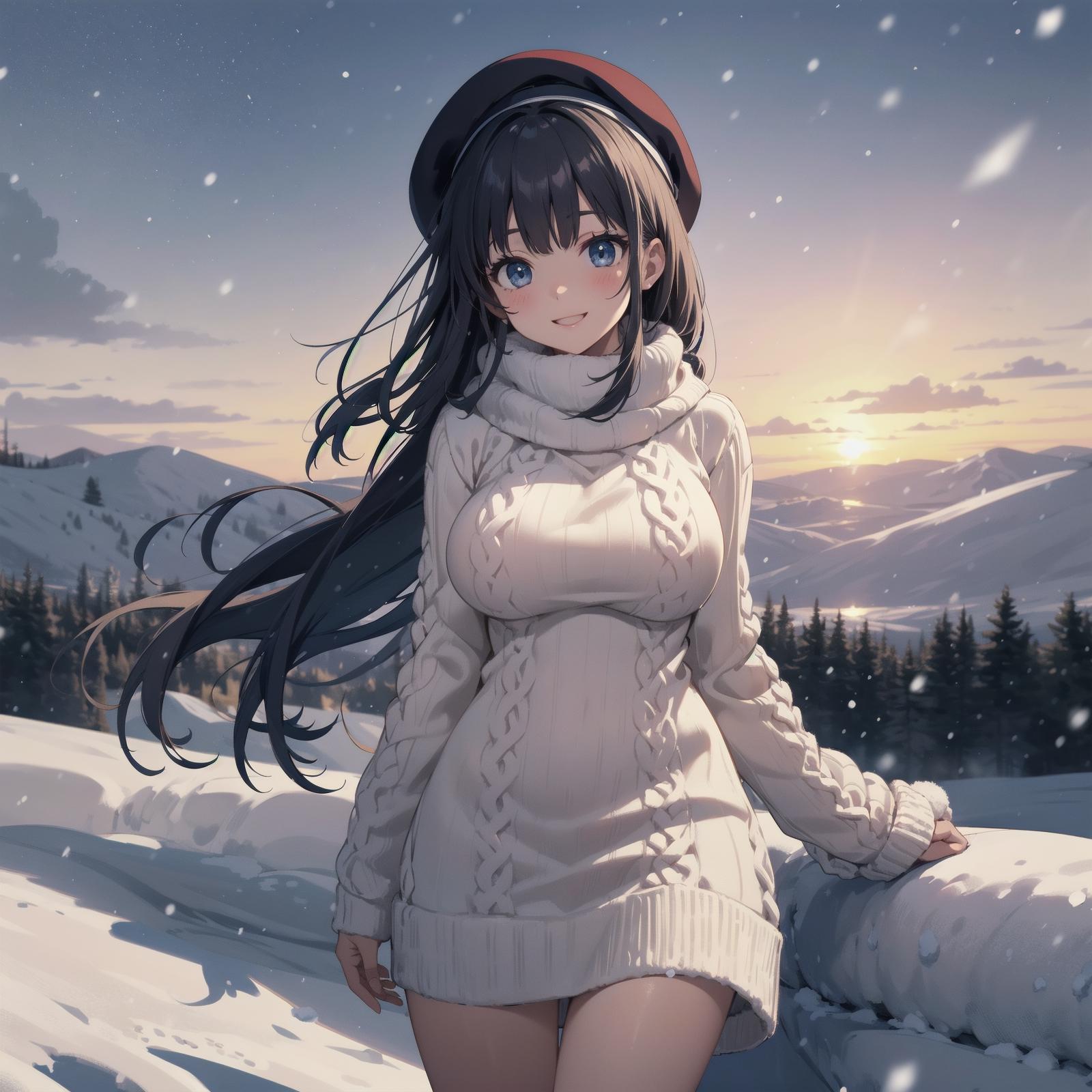 Anime girl in a white dress standing in the snow - SeaArt AI