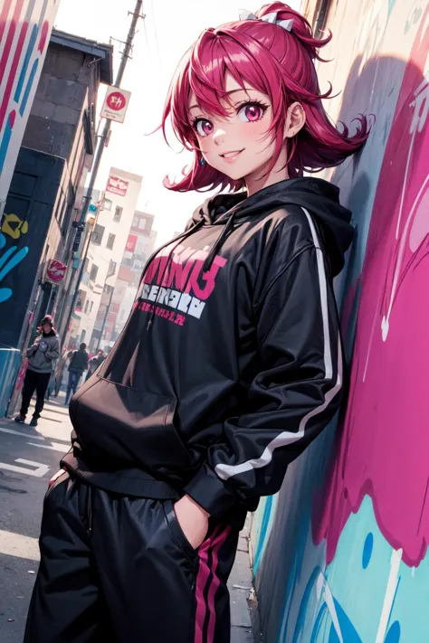 anime girl with pink hair leaning against a wall in a city