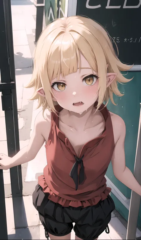 <lora:oshino_shinobu_v1:0.9>,incredibly absurdres,huge filesize,bbshinobu,aged down,pointy ears,sleeveless shirt,bloomers,zazie rainyday,wet clothes,city,street,1girl,fair_skin,fang,in summer,full_shot,(from_above:1.1),peeping,between_breasts,looking_at_viewer,flat chest,