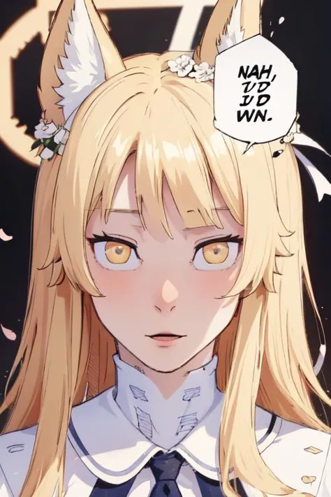 close up, 1boy, Rengoku Kyoujurou, nahidwin, speech bubble, english text, 
<lora:concept_nahidwin:1>, <lora:seia-akii:0.7> seia,seia (blue archive),1girl,fox ears,parted bangs,halo,(blonde eyes,blonde hair):1.2,flower wreath white dress,