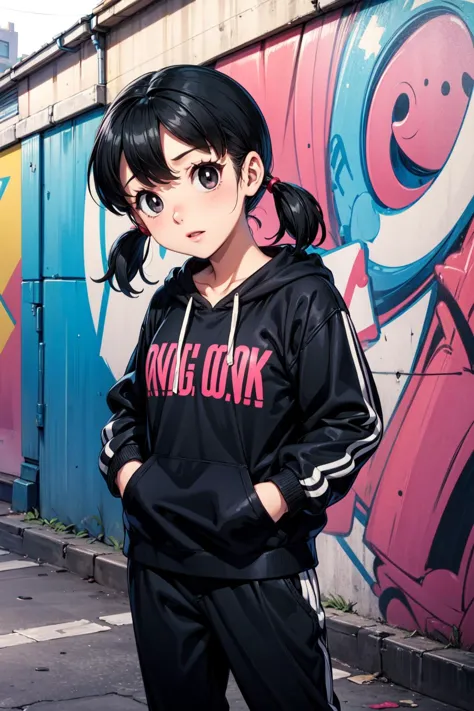 masterpiece,best quality,1girl,drsizukachan1,black hair,low twintails,black eyes,cool and edgy attire,baggy pants,oversized hood...