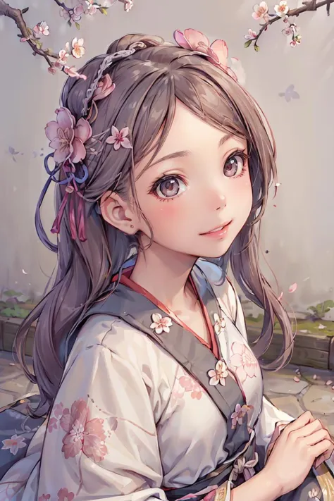 (three-quarter portrait:1.4), 1 girl,  (hanfu, baroque floral pattern:1.2), in flower blossom season, under the cherry blossom trees, 
best quality, masterpiece, intricate details,  <lora:hanfuSong_v35:.5>,  dynamic angle,