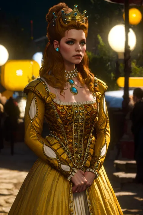 a woman in a golden dress standing on a street corner