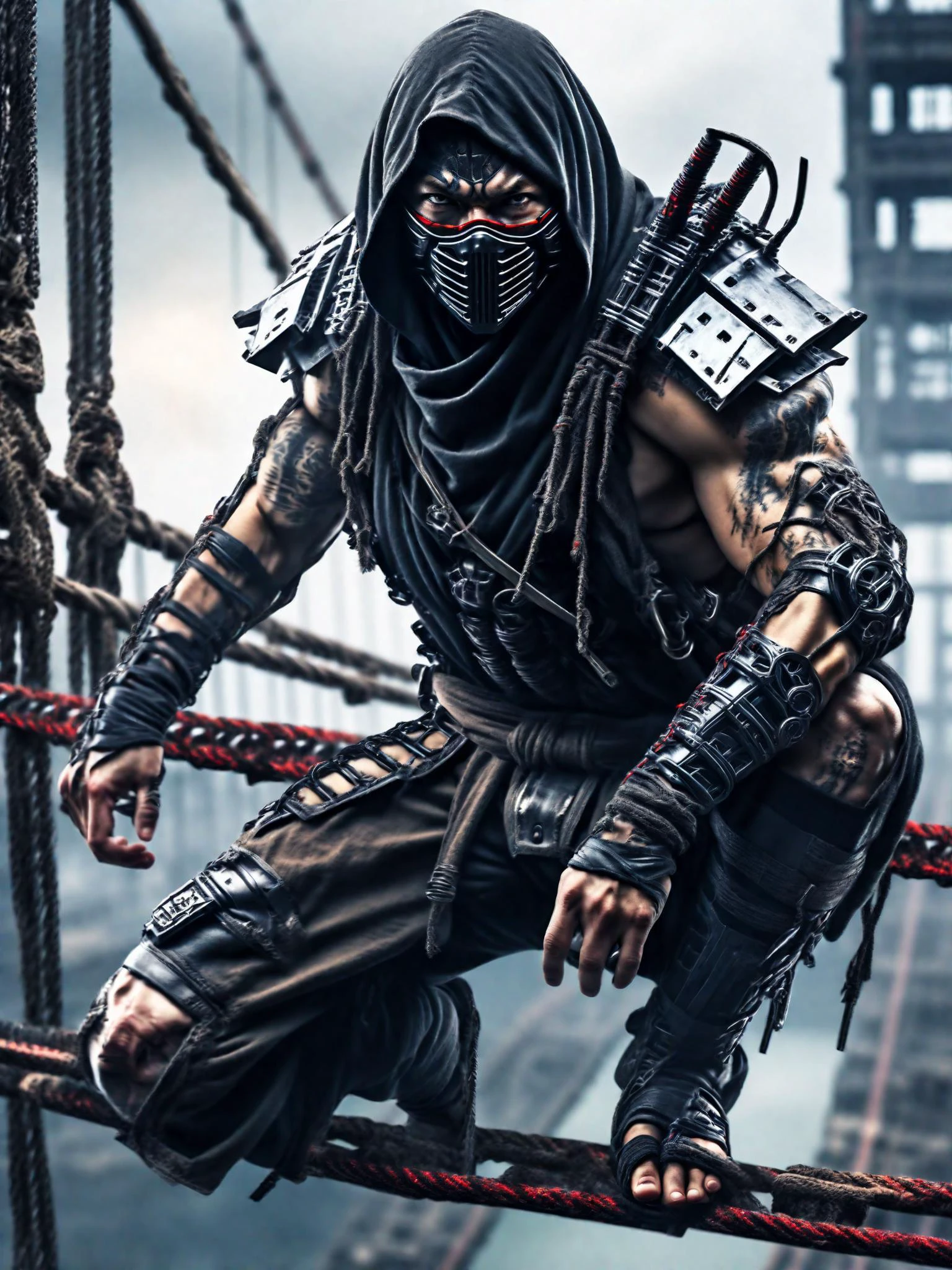 style cyborg, un ninja accroupi sur un pont suspendu élaboré dans un monde post-apocalyptique, réaliste, la science-fiction, haute qualité, Haute résolution 