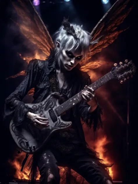a faerie with fire wings playing guitar on stage at a rock concert, gothic clothing, realistic, highly detailed