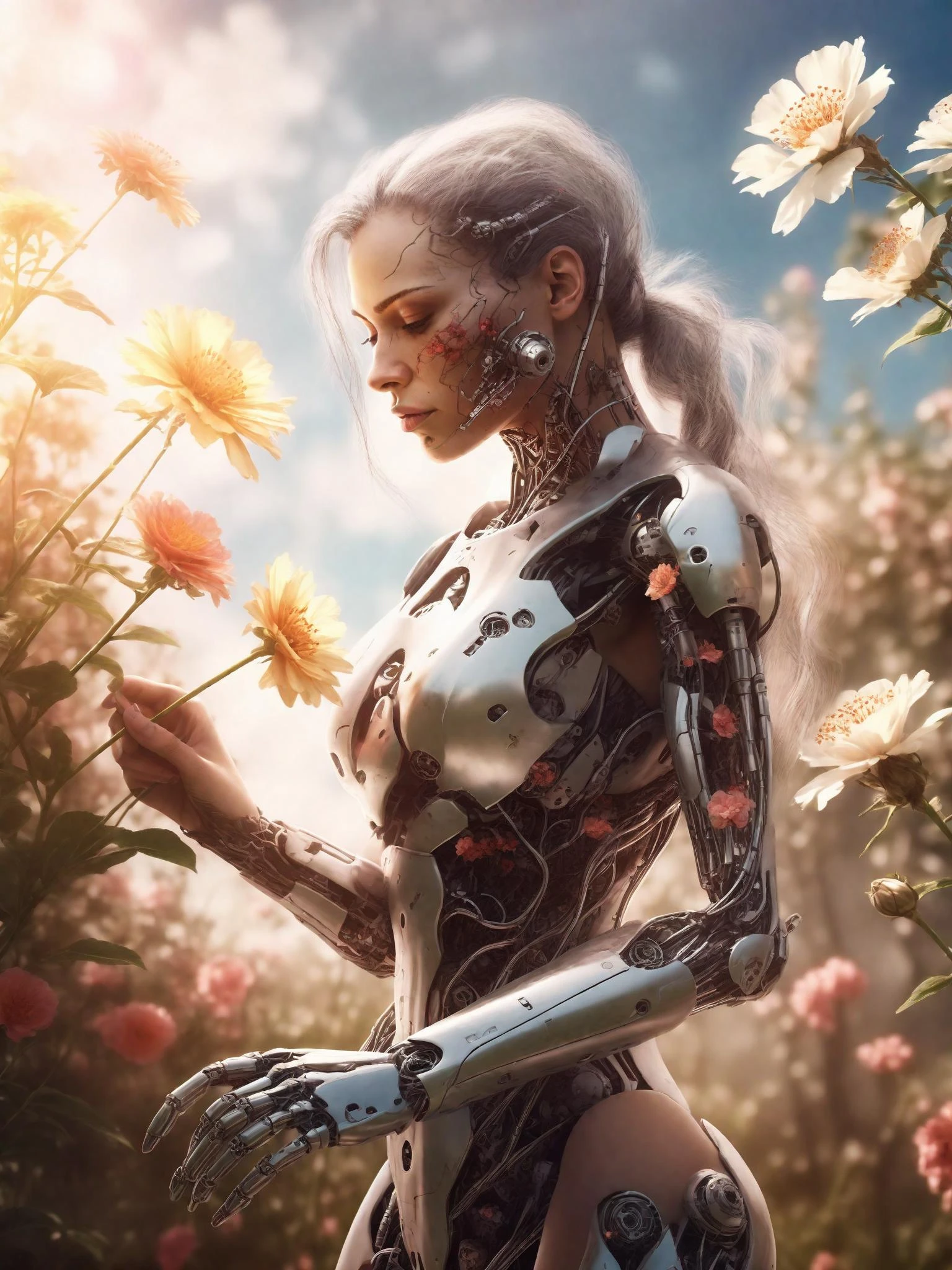 一位美丽的机器人女人在阳光明媚的花园里采摘鲜花, 实际的, 非常详细