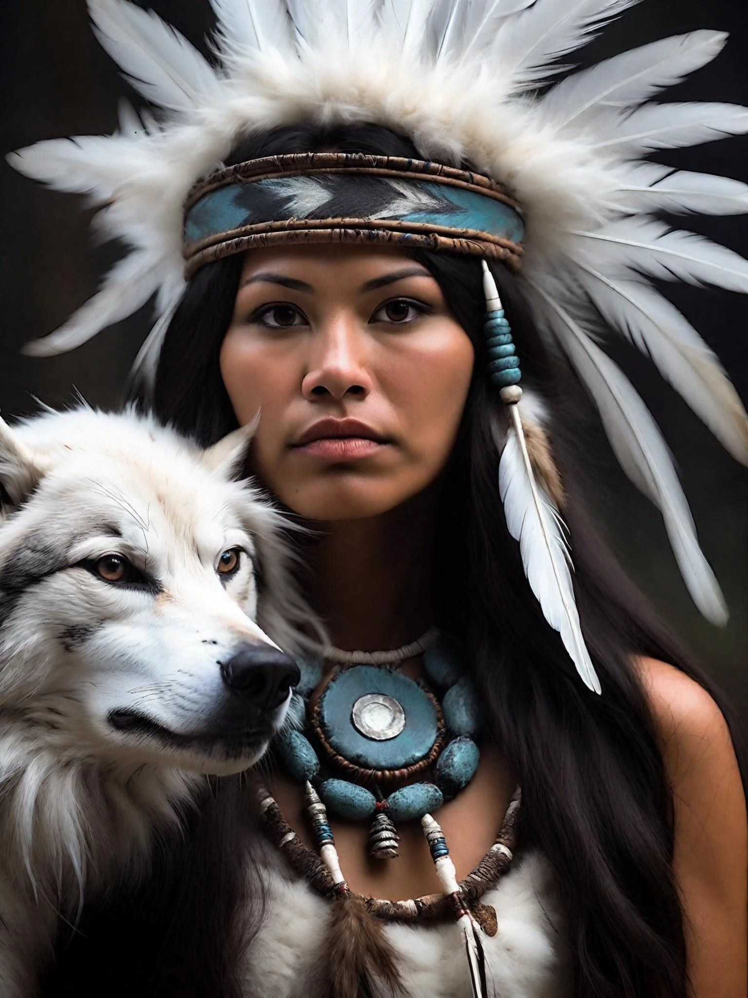 une belle femme amérindienne portant une coiffe de plumes avec un compagnon loup esprit fantomatique, réaliste, très détaillé