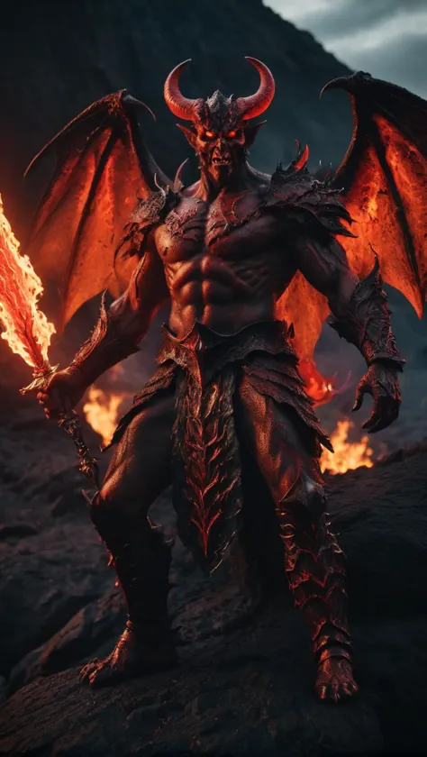 <lora:é²åä¸æ´¾@å¥å¹»ä¸çXL:1>,satan,next to the lava of the cliff,a glowing red demon man wearing medieval armor with red and orange flames on his body,spreading black wings,holding a glowing sword in his hand,dark background,flames in the background,full of dark atmosphere,hellish landscape,evil atmosphere,epic portrayal of the movie,intricate details,modern,16k,digital art,art station,film lighting,vivid,professional 3d model simulation film photo,portrait of the demon,faded film,desaturation,35mm photo,Grainy Shots for Vignette,Vintage,Kodachrome,Lomography,Stained,Highly Detailed,Found. Octane Rendering,High Detail,Volume,Dramatic Lighting,High Detail,Ultra High Resolution,32K UHD,Best Quality,Masterpiece,