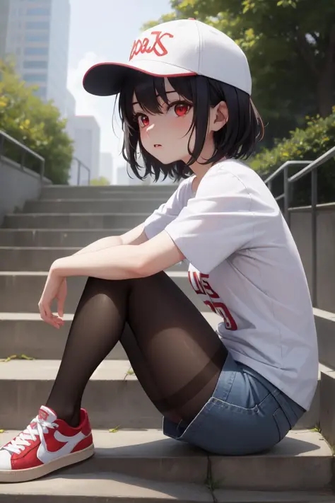 masterpiece, best quality, absurdres, perfect anatomy, 1girl, solo, Inaba Tewi, short hair, black hair, red eyes, baseball cap, ...