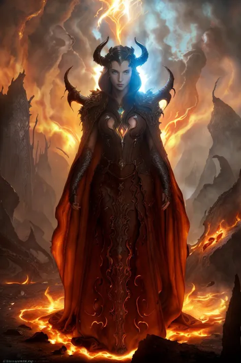 Dystopian style, 
Masterwork Painting, Magnum Opus, 
  <lora:bebahan5:0.6> woman bebahan, slim, messy hair, 
 <lora:edgIfrit:0.5> wearing edgIfrit_dress, glowing fire and brimstone, demonic horns, 
 <lora:FantasyRobes-11:0.75> fanro, robe, hood, white, silver, cape, belt
 <lora:RealmsOfFire:0.5> refi, lava lake, burning sky, cliff face,
  highres, 8k, uhd, High Dynamic Range, tonemapping, crisp details,  intricate details, fine details,
. Bleak, post-apocalyptic, somber, dramatic, highly detailed