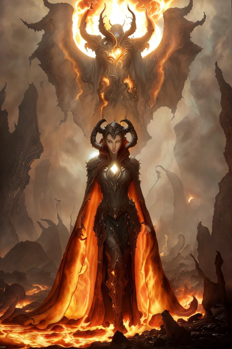 Dystopian style, 
Masterwork Painting, Magnum Opus, 
  woman bebahan, slim, messy hair, 
 wearing edgIfrit_dress, glowing fire and brimstone, demonic horns, 
 fanro, robe, hood, white, silver, cape, belt
 refi, lava lake, burning sky, cliff face,
  highres, 8k, uhd, High Dynamic Range, tonemapping, crisp details,  intricate details, fine details,
. Bleak, post-apocalyptic, somber, dramatic, highly detailed