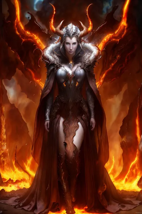 Dystopian style, 
Masterwork Painting, Magnum Opus, 
  <lora:bebahan5:0.6> woman bebahan, slim, messy hair, 
 <lora:edgIfrit:0.5> wearing edgIfrit_dress, glowing fire and brimstone, demonic horns, 
 <lora:FantasyRobes-11:0.75> fanro, robe, hood, white, silver, cape, belt
 <lora:RealmsOfFire:0.5> refi, lava lake, burning sky, cliff face,
  highres, 8k, uhd, High Dynamic Range, tonemapping, crisp details,  intricate details, fine details,
. Bleak, post-apocalyptic, somber, dramatic, highly detailed