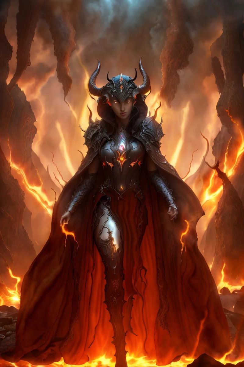 Dystopian style, 
Masterwork Painting, Magnum Opus, 
  woman bebahan, slim, messy hair, 
 wearing edgIfrit_dress, glowing fire and brimstone, demonic horns, 
 fanro, robe, hood, white, silver, cape, belt
 refi, lava lake, burning sky, cliff face,
  highres, 8k, uhd, High Dynamic Range, tonemapping, crisp details,  intricate details, fine details,
. Bleak, post-apocalyptic, somber, dramatic, highly detailed