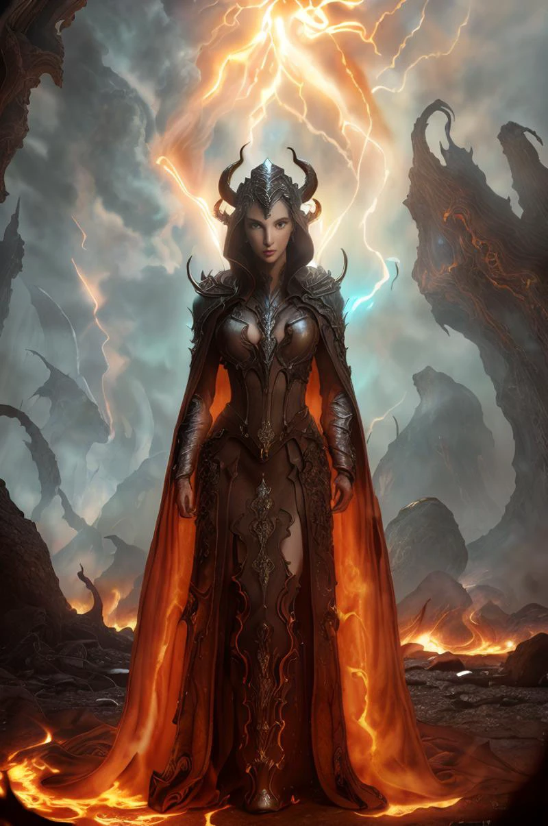Dystopian style, 
Masterwork Painting, Magnum Opus, 
  woman bebahan, slim, messy hair, 
 wearing edgIfrit_dress, glowing fire and brimstone, demonic horns, 
 fanro, robe, hood, white, silver, cape, belt
 refi, lava lake, burning sky, cliff face,
  highres, 8k, uhd, High Dynamic Range, tonemapping, crisp details,  intricate details, fine details,
. Bleak, post-apocalyptic, somber, dramatic, highly detailed