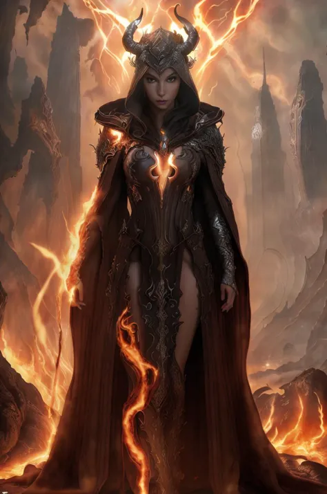 Dystopian style, 
Masterwork Painting, Magnum Opus, 
  <lora:bebahan5:0.6> woman bebahan, slim, messy hair, 
 <lora:edgIfrit:0.5> wearing edgIfrit_dress, glowing fire and brimstone, demonic horns, 
 <lora:FantasyRobes-11:0.75> fanro, robe, hood, white, silver, cape, belt
 <lora:RealmsOfFire:0.5> refi, lava lake, burning sky, cliff face,
  highres, 8k, uhd, High Dynamic Range, tonemapping, crisp details,  intricate details, fine details,
. Bleak, post-apocalyptic, somber, dramatic, highly detailed