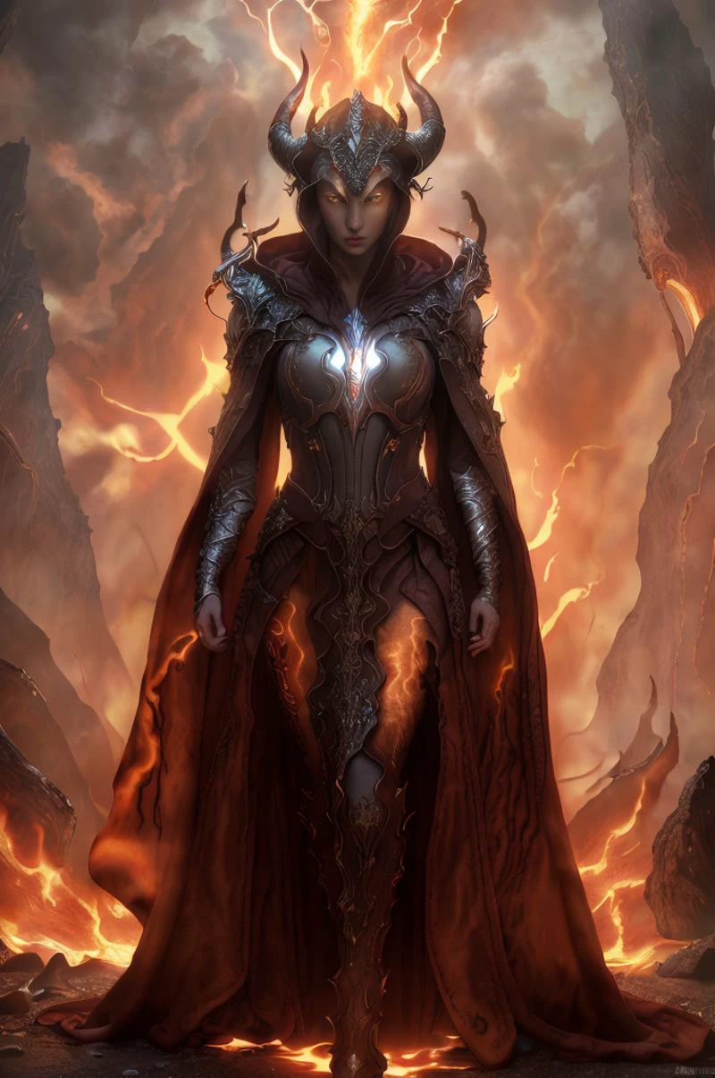 Dystopian style, 
Masterwork Painting, Magnum Opus, 
  woman bebahan, slim, messy hair, 
 wearing edgIfrit_dress, glowing fire and brimstone, demonic horns, 
 fanro, robe, hood, white, silver, cape, belt
 refi, lava lake, burning sky, cliff face,
  highres, 8k, uhd, High Dynamic Range, tonemapping, crisp details,  intricate details, fine details,
. Bleak, post-apocalyptic, somber, dramatic, highly detailed