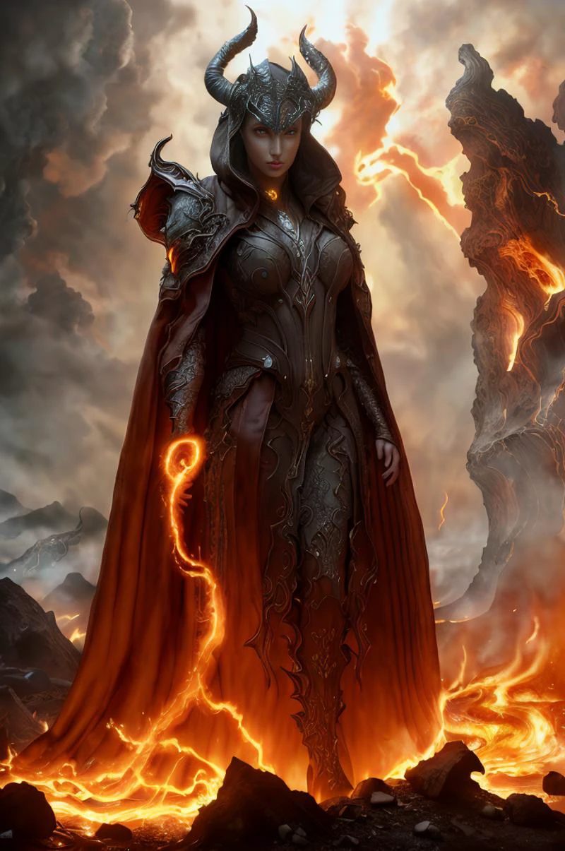 Dystopian style, 
Masterwork Painting, Magnum Opus, 
  woman bebahan, slim, messy hair, 
 wearing edgIfrit_dress, glowing fire and brimstone, demonic horns, 
 fanro, robe, hood, white, silver, cape, belt
 refi, lava lake, burning sky, cliff face,
  highres, 8k, uhd, High Dynamic Range, tonemapping, crisp details,  intricate details, fine details,
. Bleak, post-apocalyptic, somber, dramatic, highly detailed