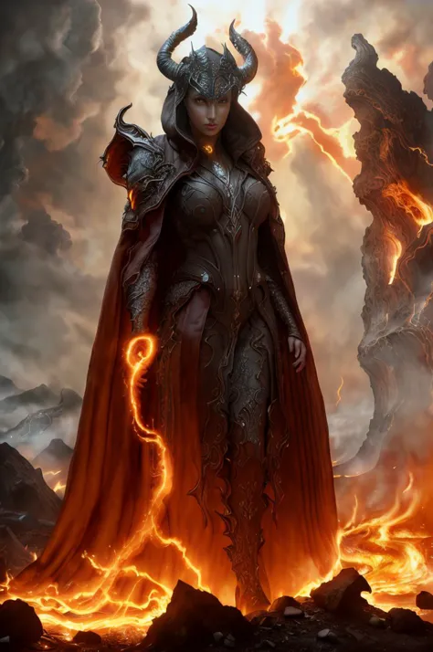 Dystopian style, 
Masterwork Painting, Magnum Opus, 
  <lora:bebahan5:0.6> woman bebahan, slim, messy hair, 
 <lora:edgIfrit:0.5> wearing edgIfrit_dress, glowing fire and brimstone, demonic horns, 
 <lora:FantasyRobes-11:0.75> fanro, robe, hood, white, silver, cape, belt
 <lora:RealmsOfFire:0.5> refi, lava lake, burning sky, cliff face,
  highres, 8k, uhd, High Dynamic Range, tonemapping, crisp details,  intricate details, fine details,
. Bleak, post-apocalyptic, somber, dramatic, highly detailed