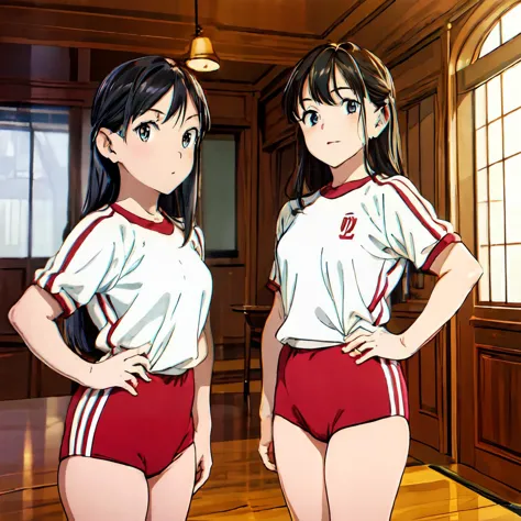 anime image of two girls in red and white uniforms standing in a room