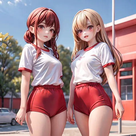 two women in red and white outfits standing next to each other