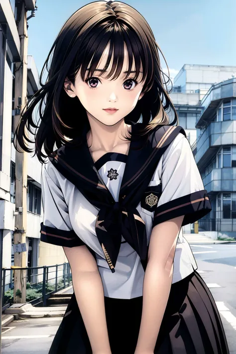 anime girl in uniform posing in front of a building