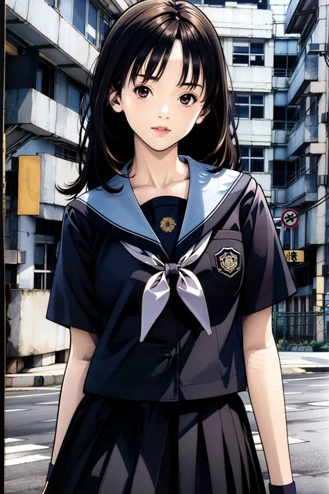 anime girl in uniform standing on street corner in urban area