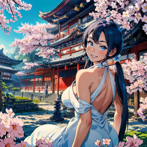 (Beautiful woman with long white twintail hair, wearing a halter dress, looking over shoulder, cute smile, blue eyes:1.3)(Beautiful chines temple in background, sakura flowers:1.25) <lyco:aipub-v3:0.7> <lora:add_detail:0.3>, masterpiece, best quality, wide-angle Hyperdetailed, masterpiece, best quality, 8k, natural lighting, soft lighting, sunlight, HDR (High Dynamic Range), Maximum Clarity And Sharpness, Multi-Layered Textures