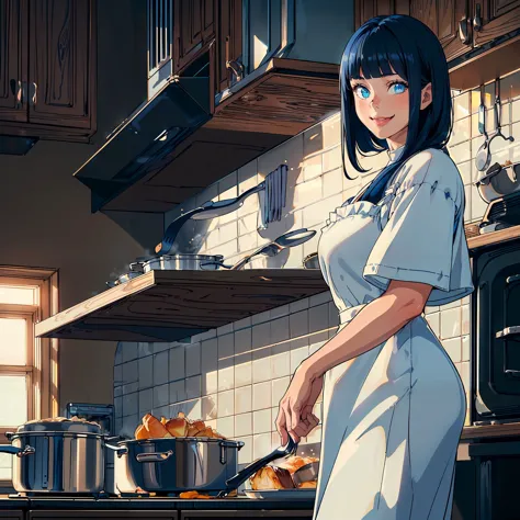 anime girl in a kitchen preparing food with a skillet