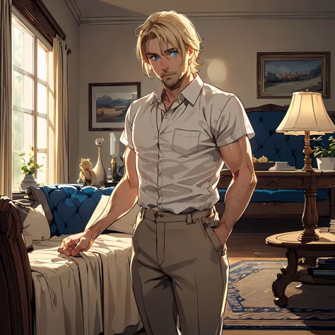 (Beautiful swedish man, blonde short hair, blue eyes, little beard, musclar arms, white shirt, beige linen trousers:1.3)(Beautiful livingroom in background:1.25) <lyco:aipub-v3:0.7> <lora:add_detail:0.3>, masterpiece, best quality, wide-angle Hyperdetailed, masterpiece, best quality, 8k, natural lighting, soft lighting, sunlight, HDR (High Dynamic Range), Maximum Clarity And Sharpness, Multi-Layered Textures