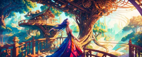 a close up of a woman in a colorful dress standing on a bridge