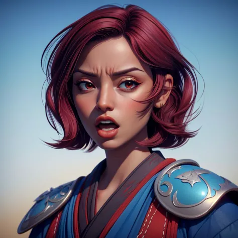 a woman with red hair and armor looks surprised