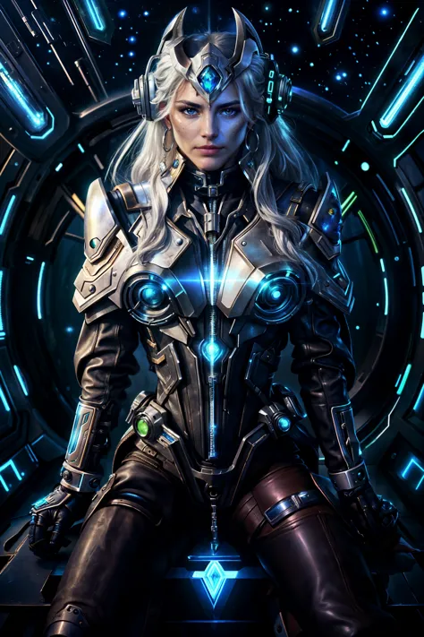 a woman in a futuristic suit with a futuristic helmet and a futuristic sword