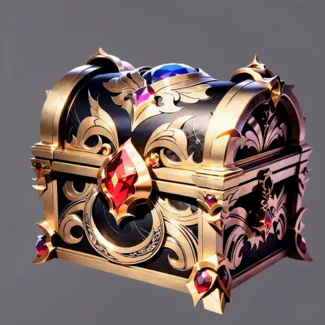 chest, treasure, still life, no man, gray background, complex textures, metal decorations, inlaid gemstones, simple background, shiny, game item design <lora:Treasure chests:1>