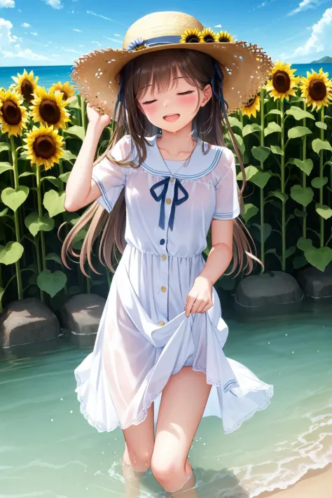 1girl, hat, dress, solo, long hair, closed eyes, flower, brown hair, straw hat, smile, skirt hold, open mouth, hat flower, wadin...
