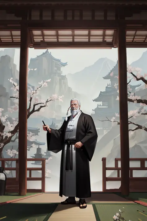 hand holding staff, ancient illustration, ink drop, masterful illustration, old chinese bearded master, long grey beard, robed clothing, martial arts teacher, standing, (zen garden, sakura, nature), award winning digital art