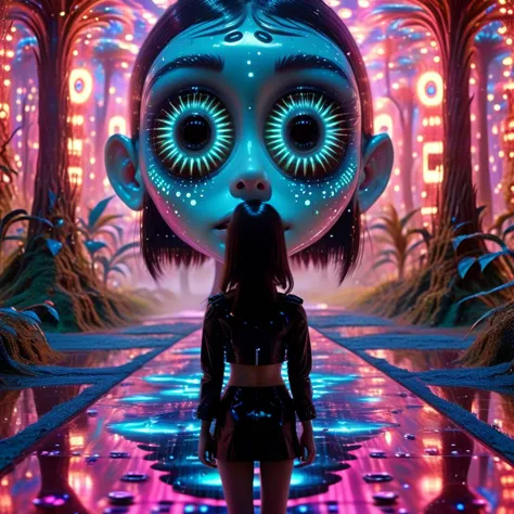 a woman standing in front of a futuristic looking face