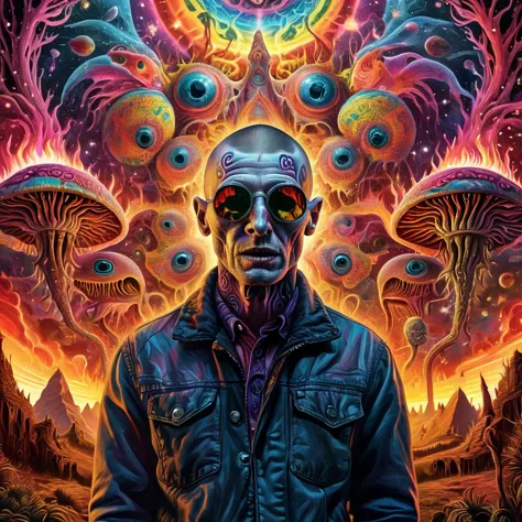 a man in a leather jacket and sunglasses standing in front of a psychedelic painting