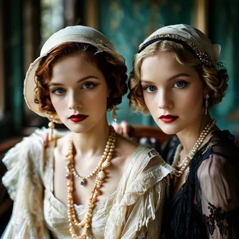 two women in period dresses are posing for a picture