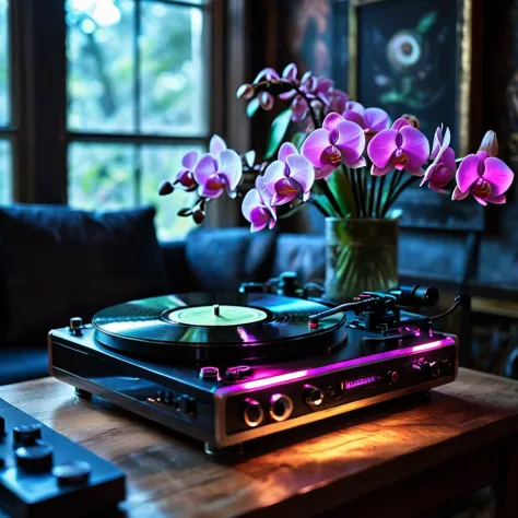 purple flowers in a vase on a turntable with a record player