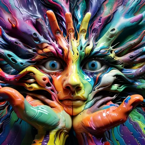 Hallucinogenic psychedelic art Dystopian Human Hands Moulding together to form a face , horror,DMT,LSD,A distorted perception of...